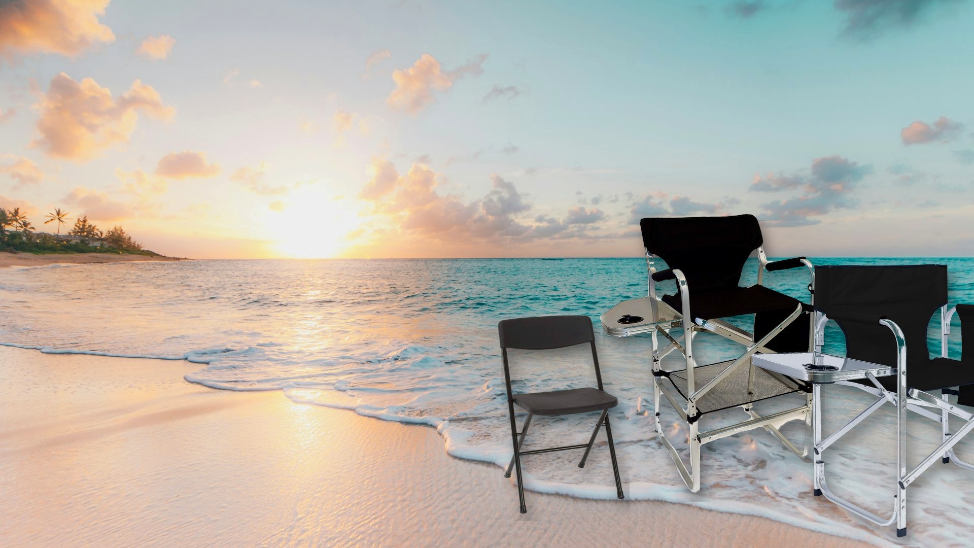Director chairs set up on a Miami beach at golden hour
