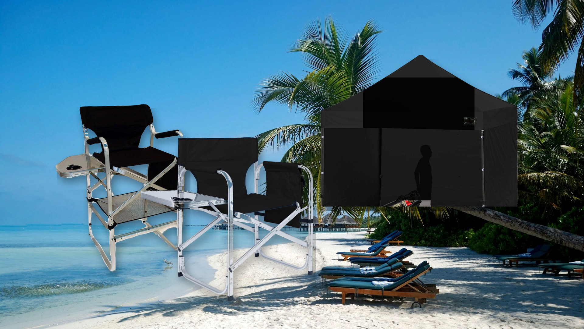 Production tent and director chairs under palm trees by the ocean