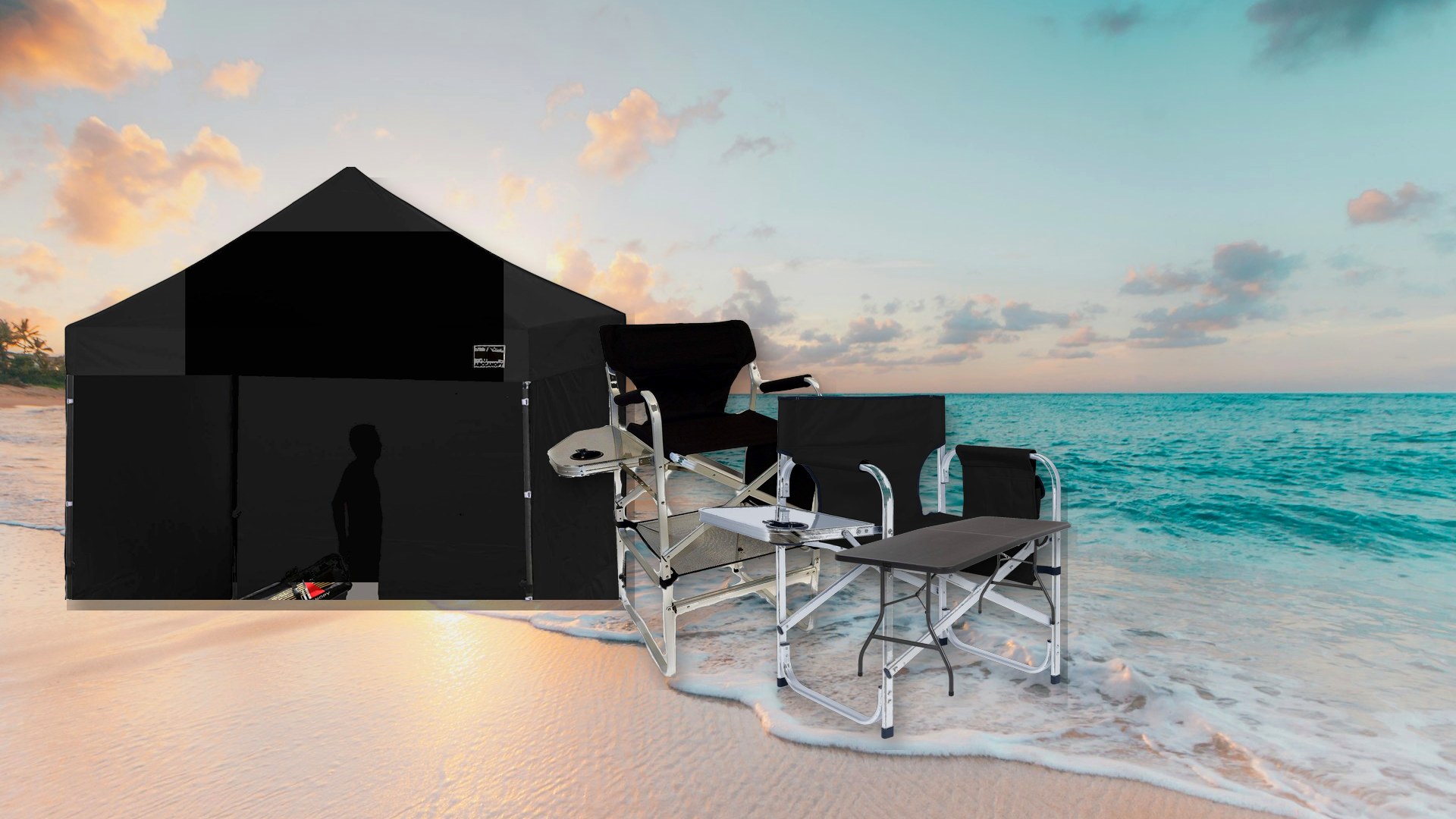 Pop-up canopy tent and director chairs on a South Florida beach
